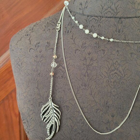 Silver-Tone Express Layered Necklace With Leaf Pendant & Beaded Accents - Picture 2 of 6